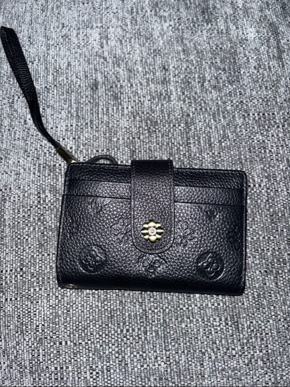 Black Leather Floral-Embossed Wristlet Wallet